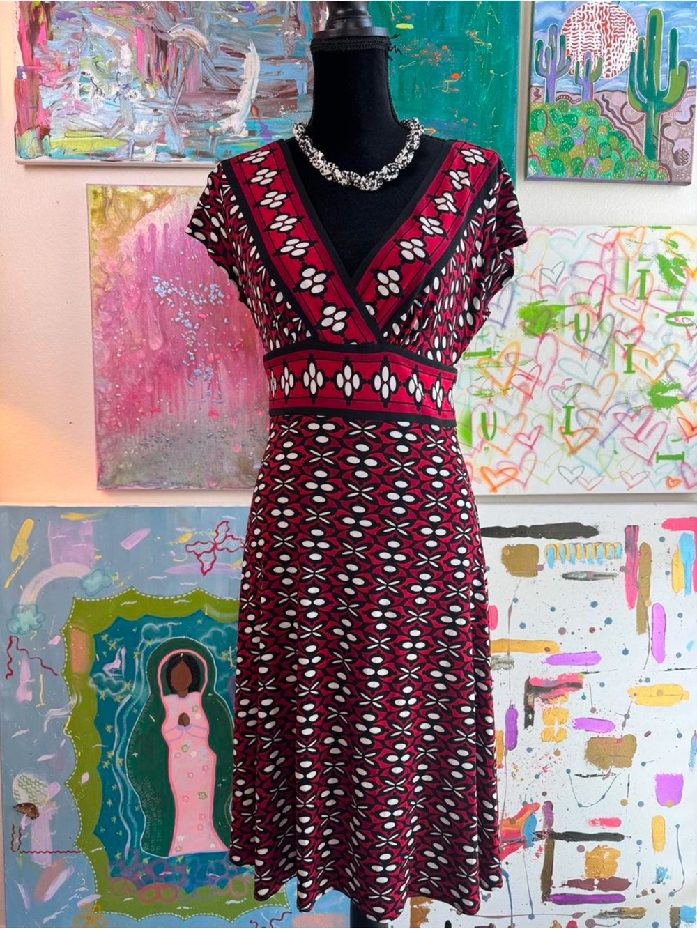 Van Heusen Red and Black Patterned V-Neck Midi Dress